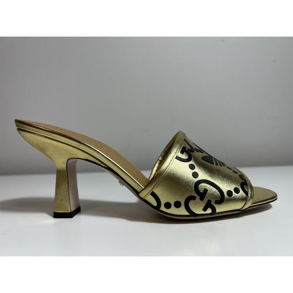 NIB Authentic Gucci X Adidas Metallic Gold Heeled Mules GG Logo EU 39 - Picture 1 of 12
